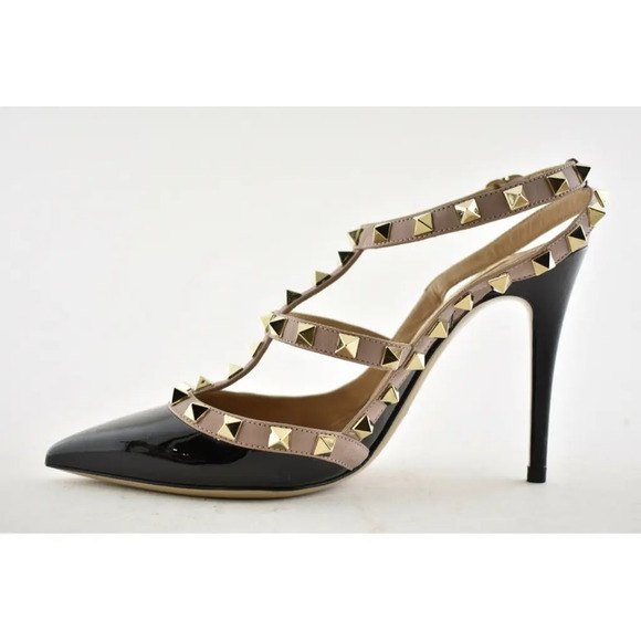Valentino Rockstud Black Patent Poudre Nude Ankle T Strap Classic Heel Pump 41.5 - Picture 9 of 12
